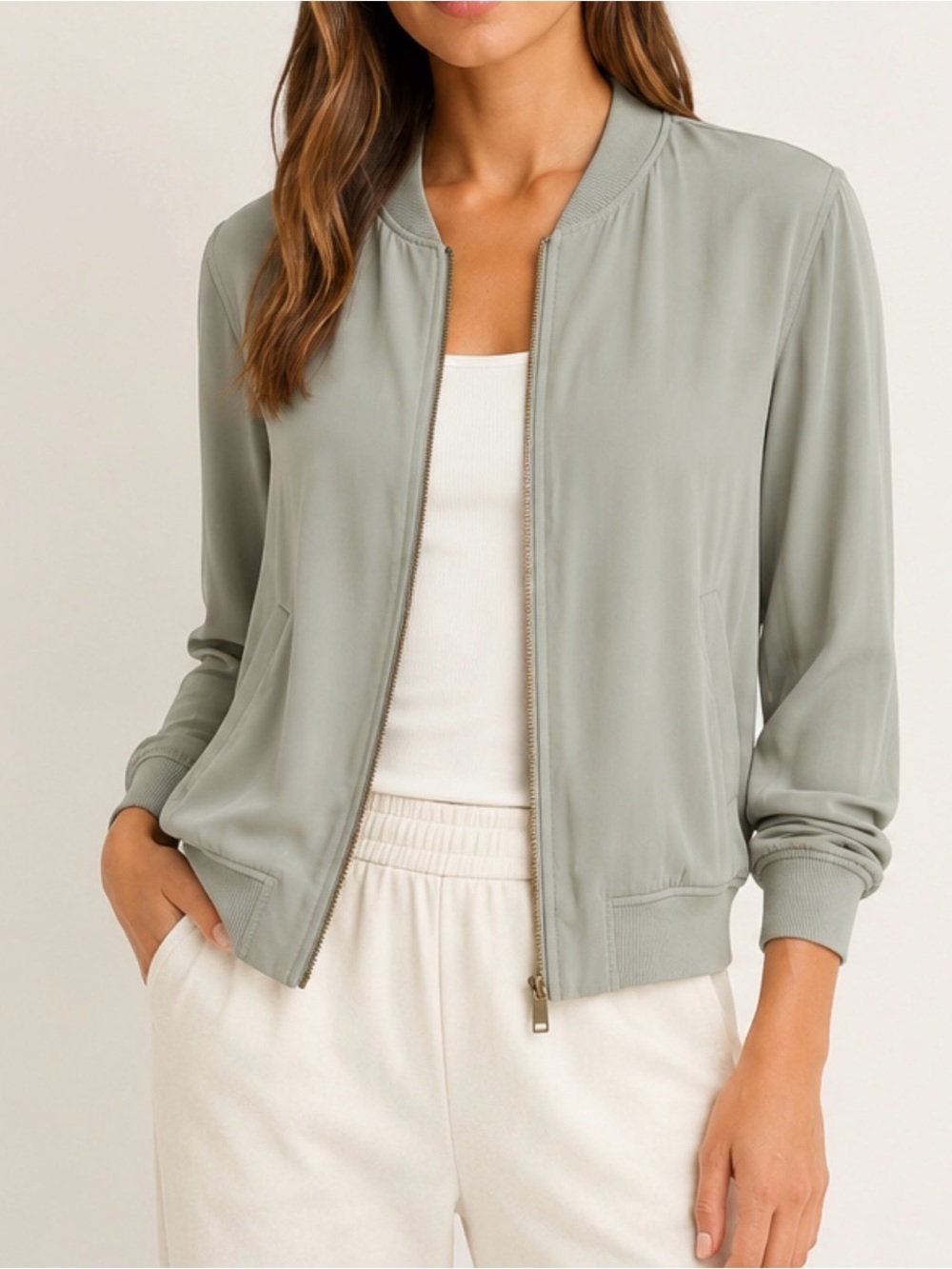 Tart Cupro Bomber Jacket Sage Green Zip Front Lightweight Size Medium